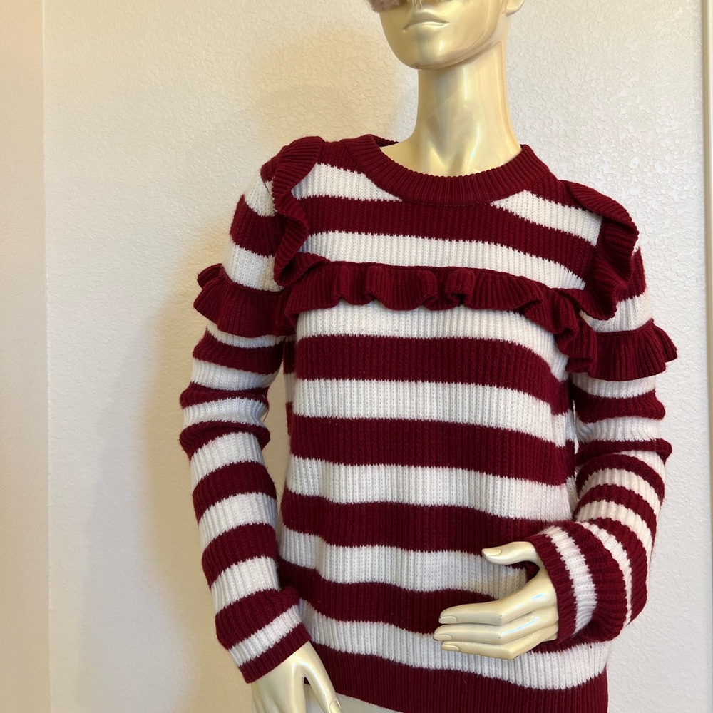 PAPAYA - Stripes Ruffle Burgundy White Sweater - Size M